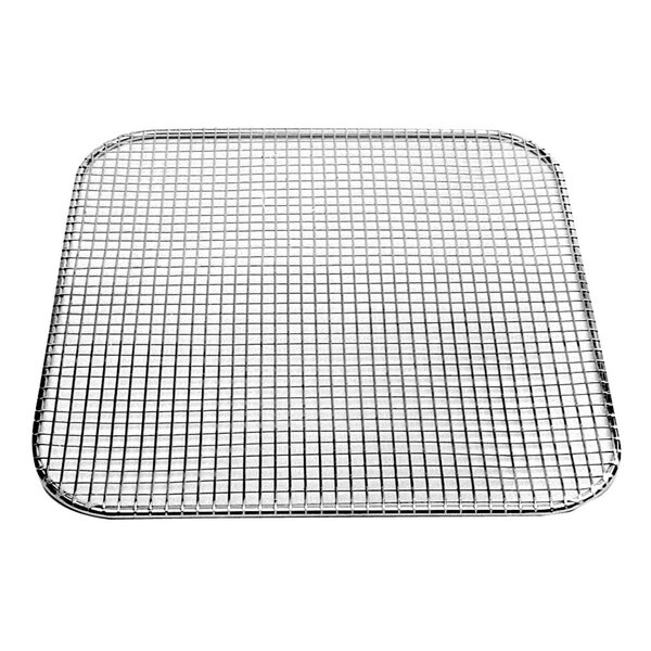 A square metal fryer screen with wire mesh.