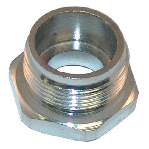 A close-up of a shiny metal nut with a metal ring inside.
