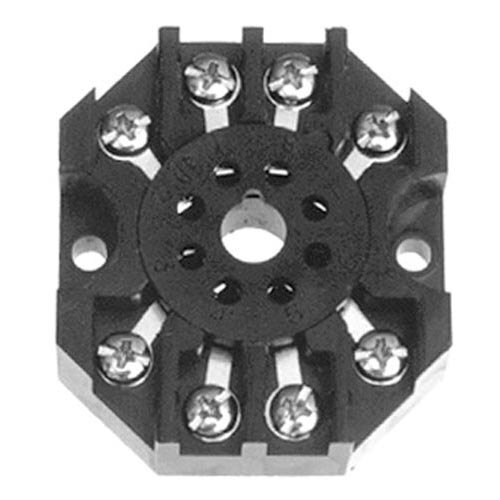 A black and silver circular circuit board with 8 holes and 4 screws.