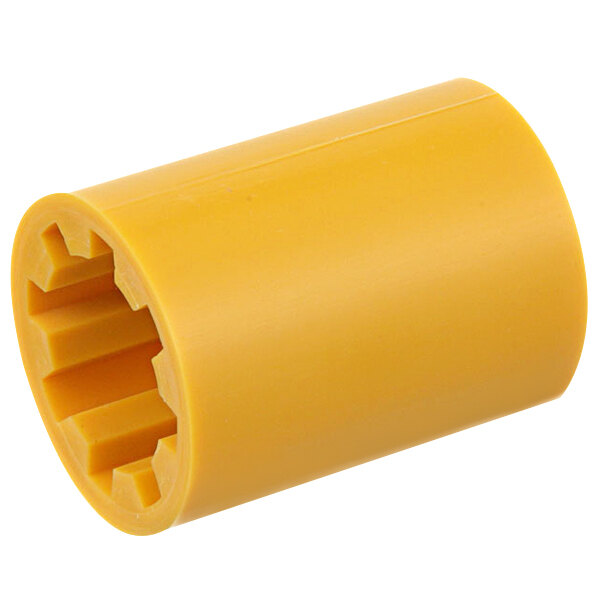 A yellow plastic cylinder with a cut out part.