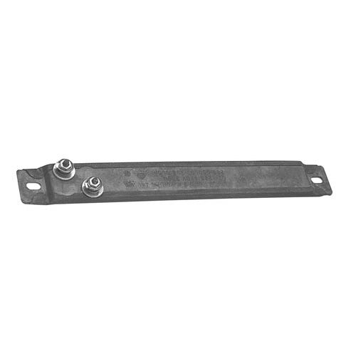A metal bracket with two screws on it attached to a metal strip.