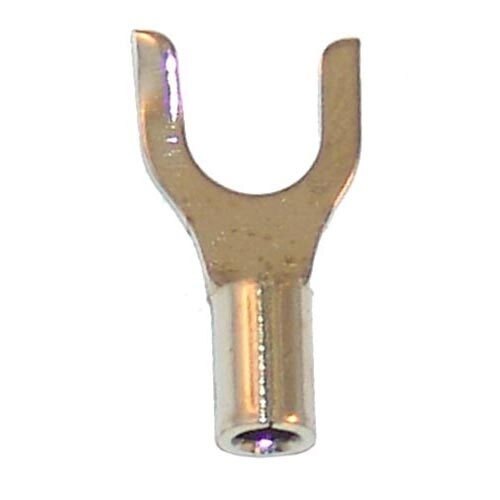 A close-up of an All Points gold spade terminal with a small hole on the end.