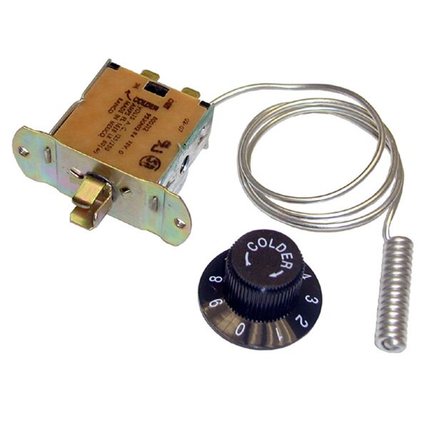A small metal All Points freezer temperature controller with a black knob and a wire.