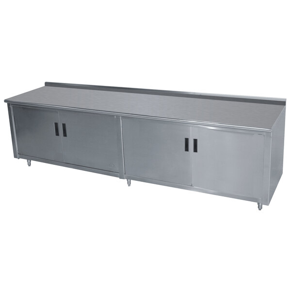 A stainless steel kitchen counter with an enclosed base and hinged doors.