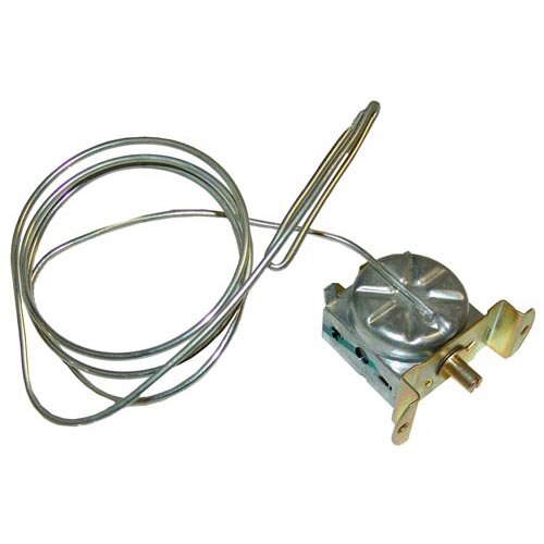 A metal thermostat with a wire attached.
