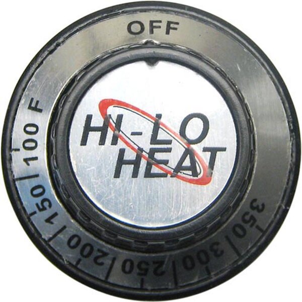 A close-up of a black and white temperature control knob for an oven with the words "Off," "100," "200," "300," "350," and "Heat"