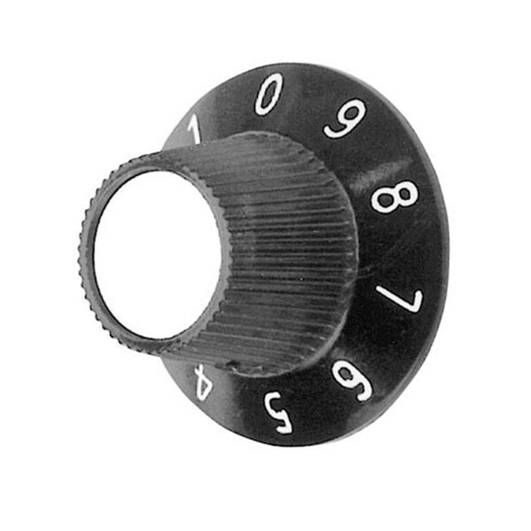 A black knob with white numbers for a toaster speed control.