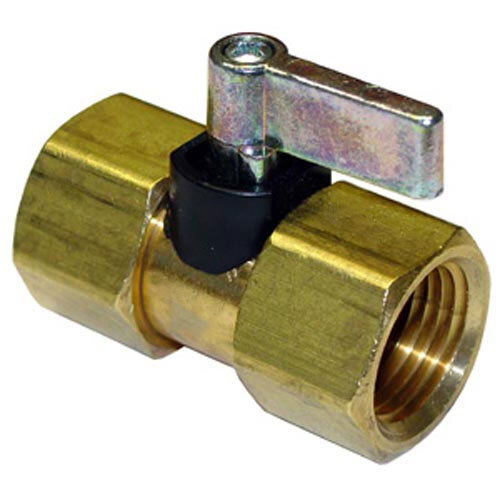 A brass ball valve with a metal handle.