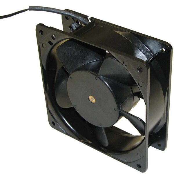 A black fan with a wire.