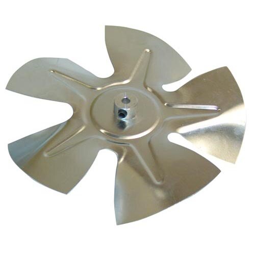A close-up of a silver metal All Points fan blade.