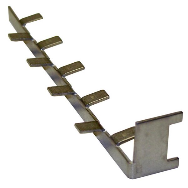 A metal strip with several holes on it, the All Points Left Bread Support.