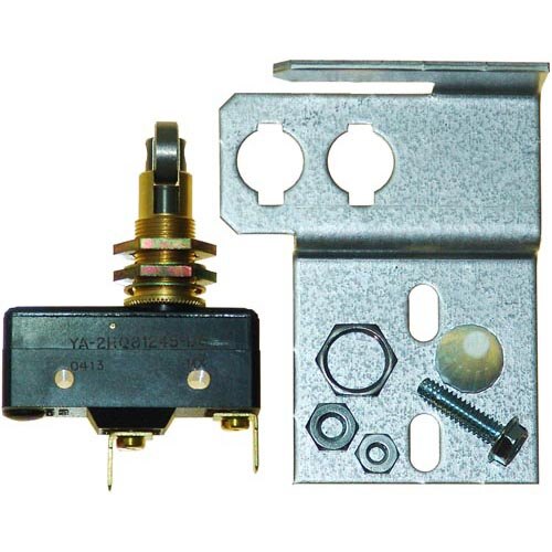 A close-up of the All Points Retrofit Push Button Door Switch Kit with a metal screw and nut attached to the switch.