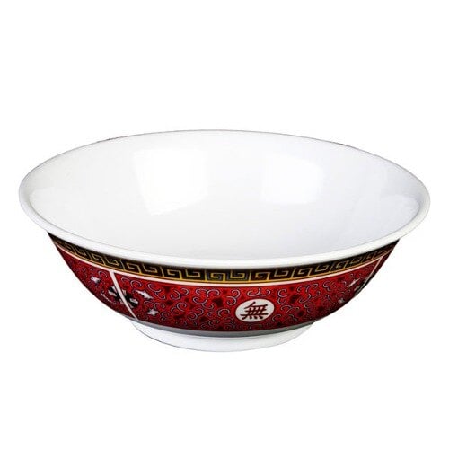A white Thunder Group Longevity melamine bowl with a black and yellow design on the rim.