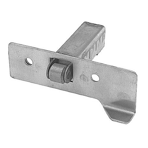 A stainless steel rectangular metal latch with a roller on one side.