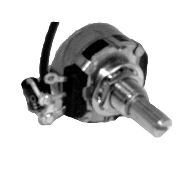 A close-up of a motor with a black and white photo of a person's arm adjusting a speed control potentiometer.