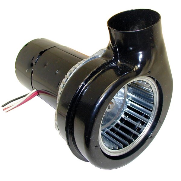 A black blower motor with a round vent.