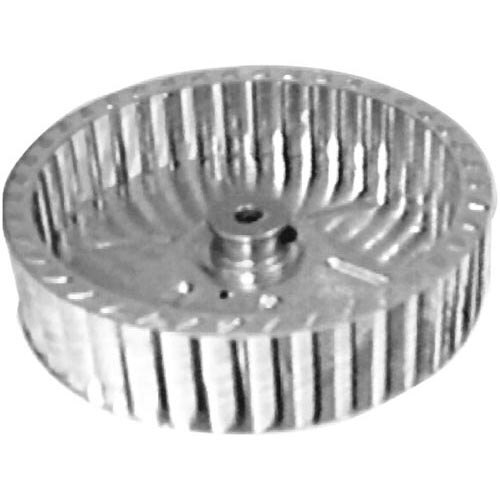 A metal blower wheel with a hole in it.
