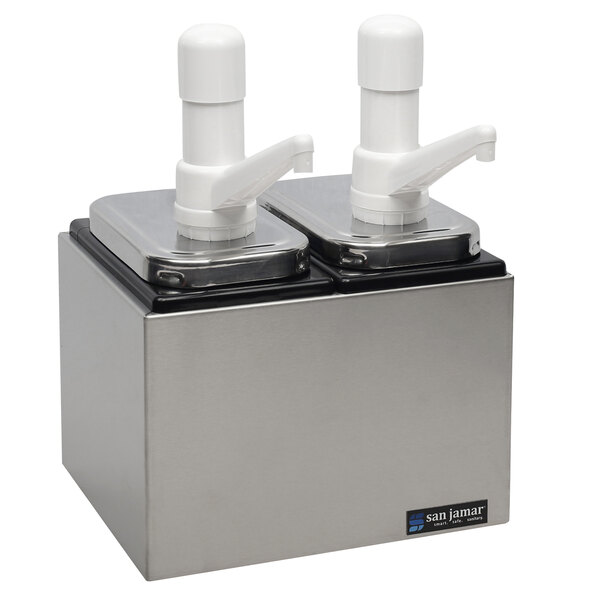 A stainless steel San Jamar condiment pump service center with two white pumps.
