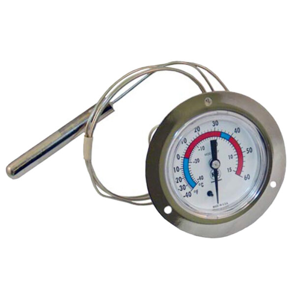 A close-up of a flange mount temperature gauge with a metal handle and wire.