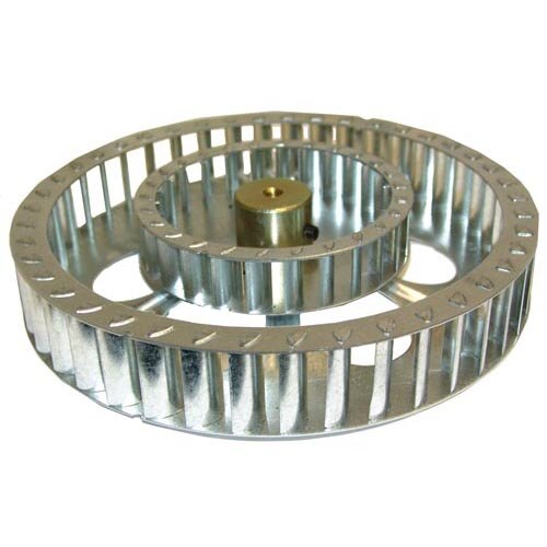 A metal blower wheel with a metal ring.