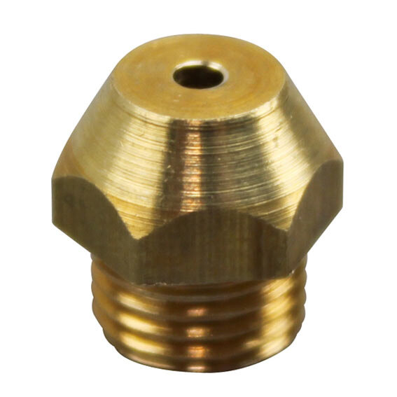 A brass All Points burner orifice with a gold threaded nozzle and a hole in it.