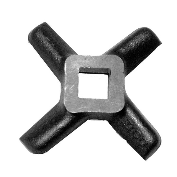 A black and silver metal cross with two square holes.