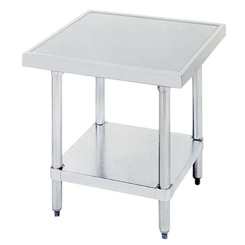 An Advance Tabco stainless steel mixer table with a stainless steel undershelf.