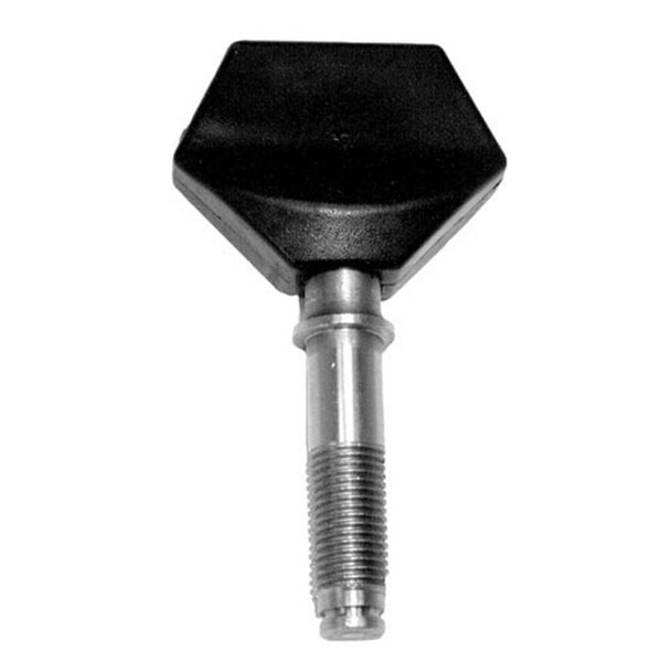 A black and silver hexagon-shaped plastic knob with a metal screw.