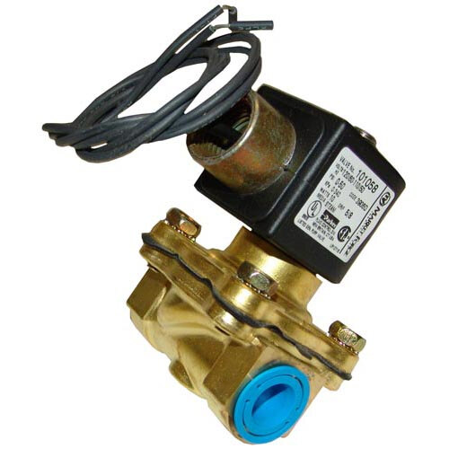 A brass All Points steam solenoid valve with a blue wire.