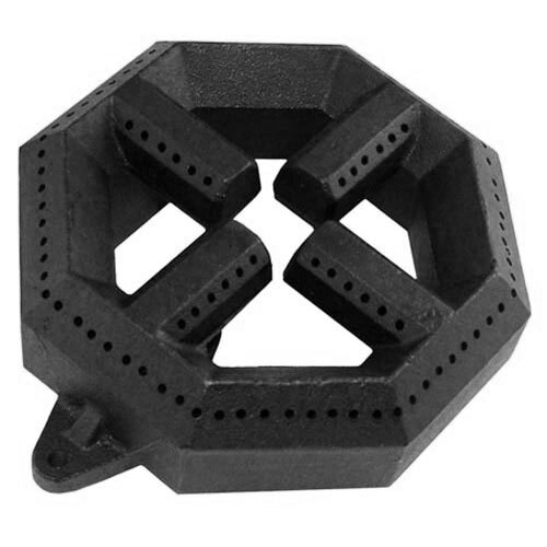 A black hexagon-shaped cast iron burner head with holes.
