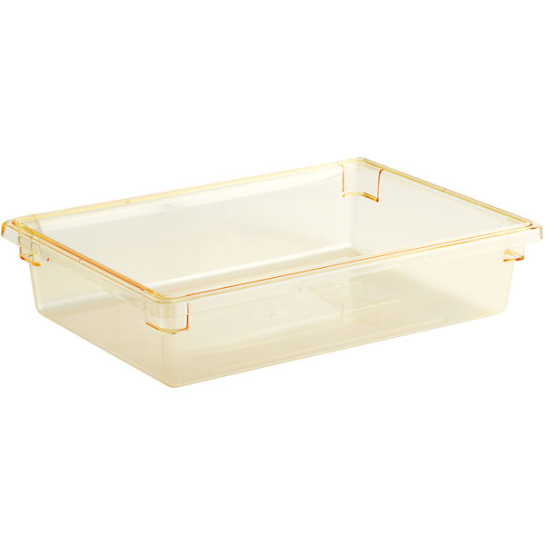 A yellow polycarbonate food storage box with a lid.