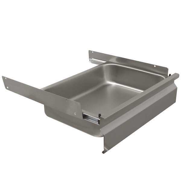 A stainless steel drawer with slides for an Advance Tabco work table.