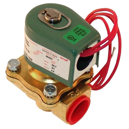 A close-up of a gold and red metal All Points steam solenoid valve with green and red wires.