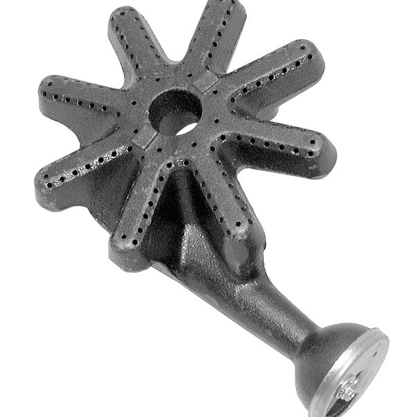 A black cast iron All Points front burner assembly with holes and a star-shaped hole.
