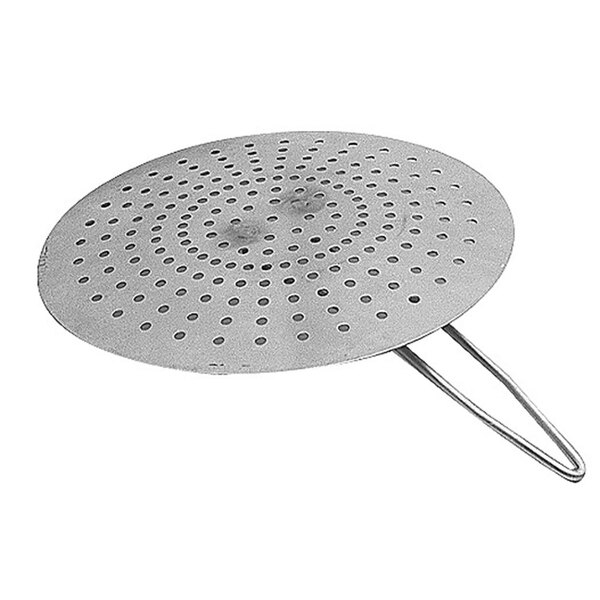 A stainless steel strainer with holes on a metal surface.