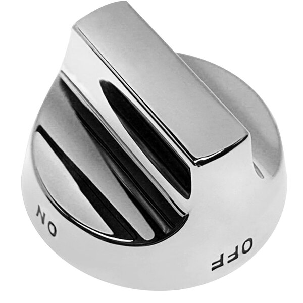 A silver knob with black text that says "On" and "Off" on a table.