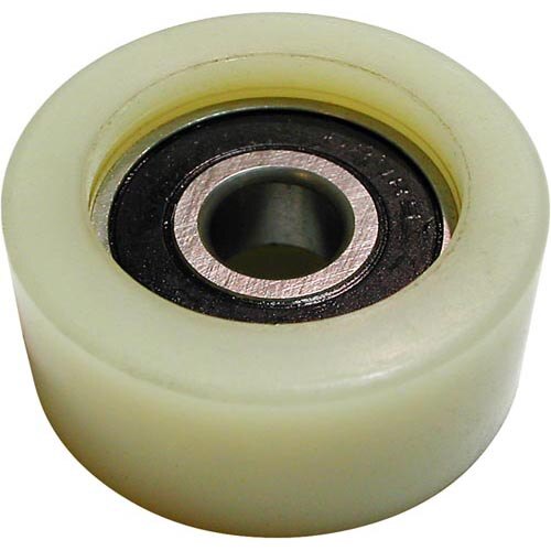 A white rubber carriage bearing wheel with a hole in the center.