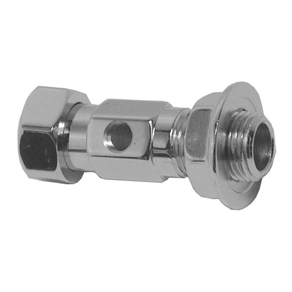 A close-up of a stainless steel threaded pipe fitting with a nut on it.