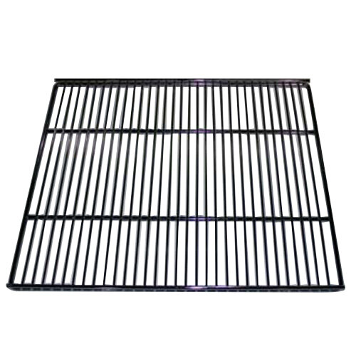 A chrome wire shelf with a grid pattern.