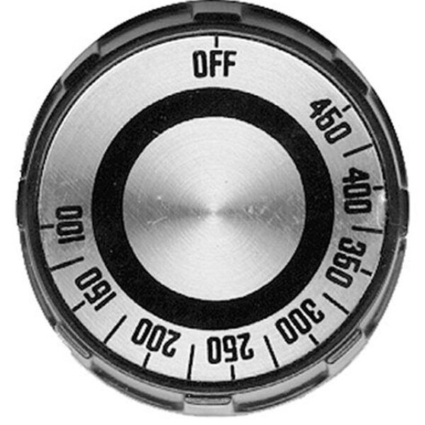 A circular black and white 2" dial with black numbers for an All Points broiler thermostat.