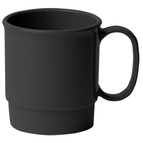 A black Cambro polycarbonate mug with a handle.