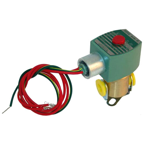 A close-up of a small green All Points Water/Gas/Oil solenoid valve with red wires.