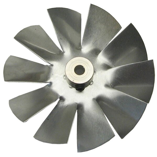 A metal fan blade with a circular hole in the center.
