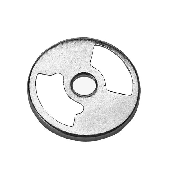 A circular metal All Points air mixer plate with 2 slots and a hole in the center.