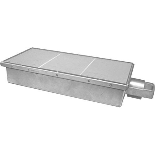 A metal box with a lid and a pipe.