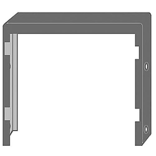 A grey metal rectangular conveyor guide with holes.