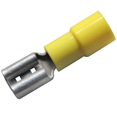 A close-up of a yellow and silver All Points female quick disconnect electrical connector with a metal clip.
