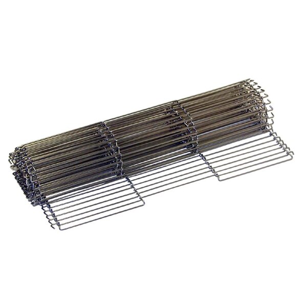 A metal conveyor belt with metal rods and coils.