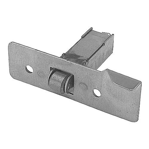 A stainless steel metal piece with holes for a door lock.