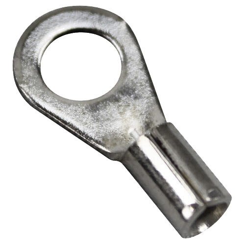A silver metal ring terminal with a hole for a screw.